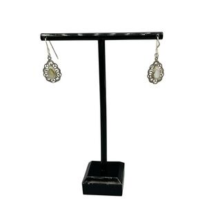 Vintage Silver Tone Teardrop Dangle Earrings Filigree Mother of Pearl Look
